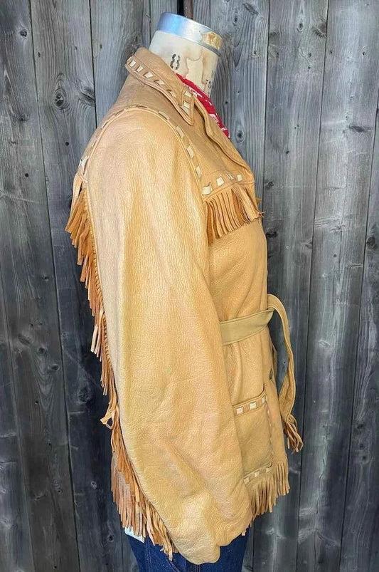 Women's tan cowhide leather fringe coat by Zhim Leather Creations