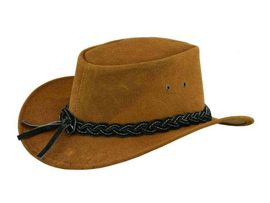 Tan Suede Outback Hat Black Braided Contrast Band Ventilated