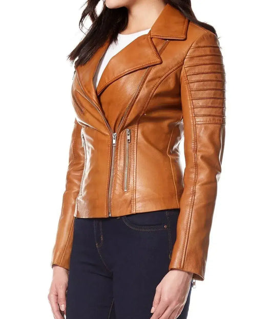 Women's tan lambskin leather jacket with quilted sleeves by Zhim Leather Creations