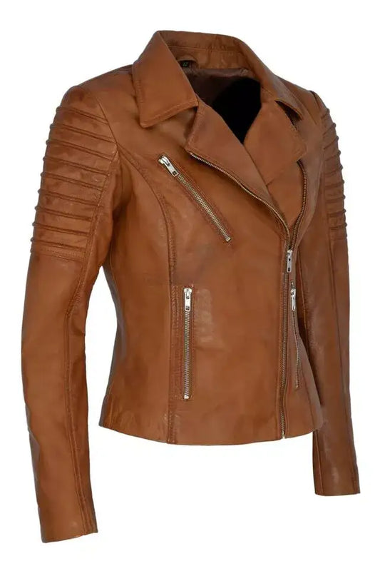Zhim Leather Creations women's brown real leather moto jacket with quilted sleeves