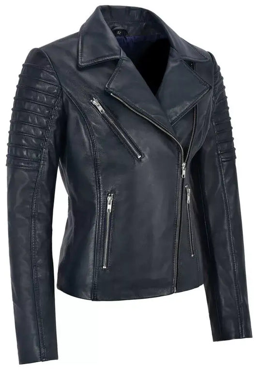 Black slim-fit women's leather biker jacket with quilted sleeves by Zhim Leather Creations