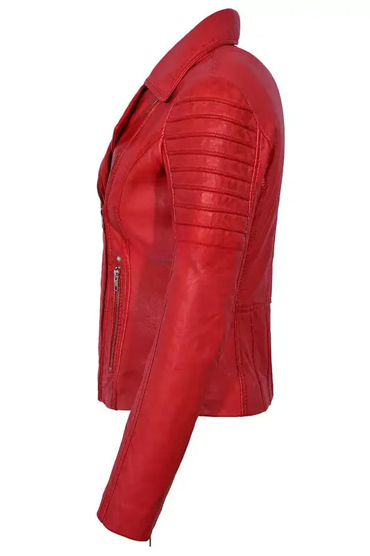 Red real leather jacket for women with quilted sleeve detailing by Zhim Leather Creations