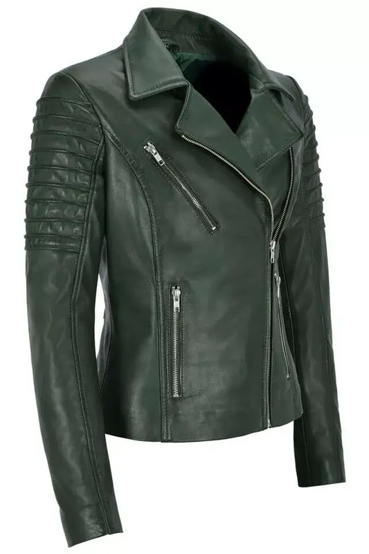 Dark green women's biker leather jacket with quilted sleeves and silver zippers.