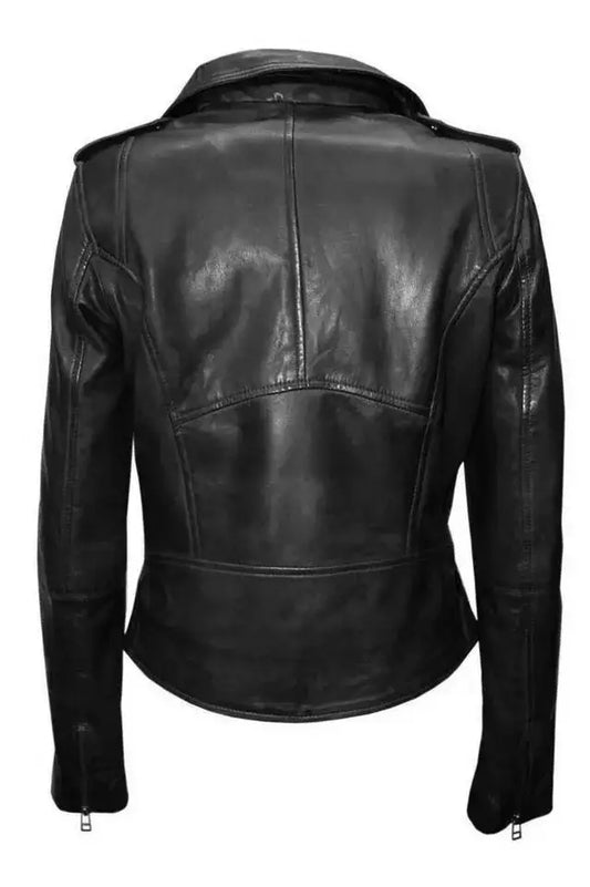 Back view of a Zhim Leather Creations women's black biker real leather jacket
