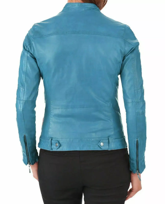 Back view of a Zhim Leather Creations teal women's real lamb leather jacket.