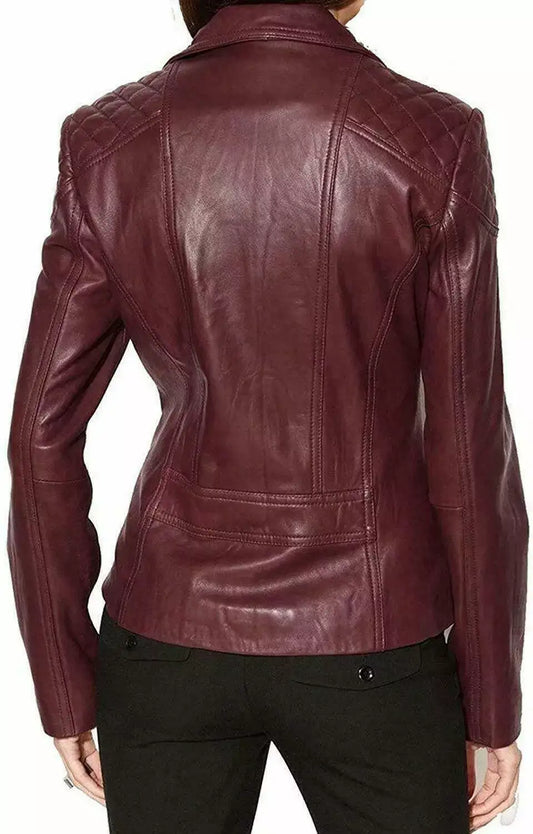 Back view of Zhim Leather Creations women's burgundy real leather fashion jacket.