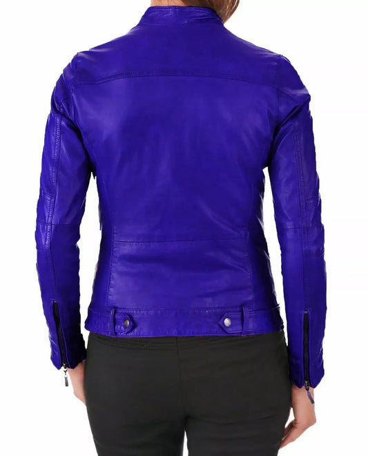 Back view of a Zhim Leather Creations women's fashion real leather jacket in vibrant blue.