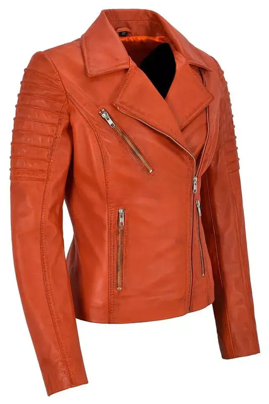 Women's burnt orange real leather biker jacket with quilted sleeves by Zhim Leather Creations