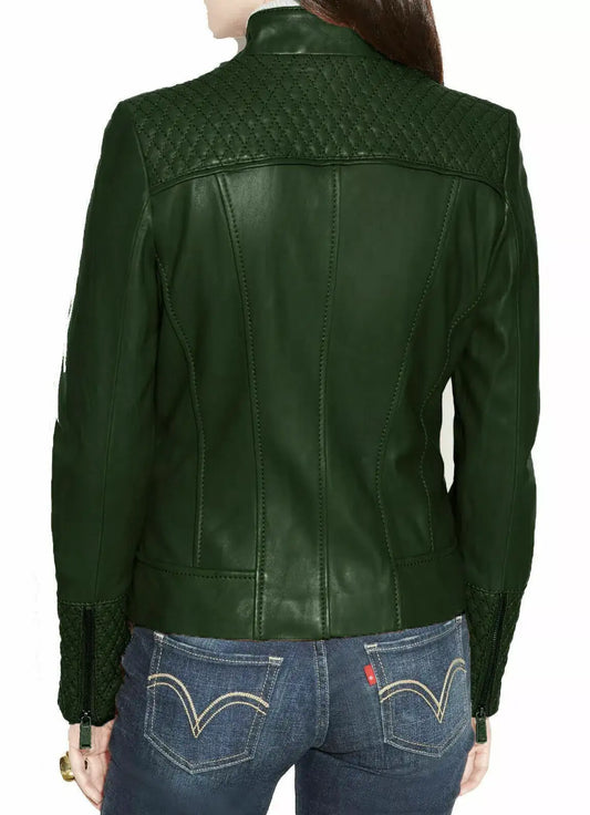 Back view of Zhim Leather Creations dark green women's real leather fashion jacket.