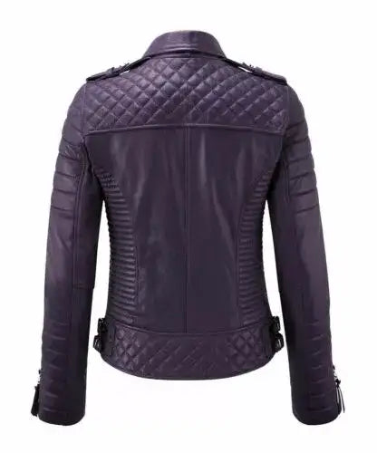 Back view of Zhim Leather Creations women's purple real leather biker jacket with quilted details