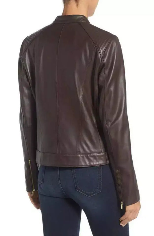 Back view of Zhim Leather Creations women's dark brown real leather jacket.