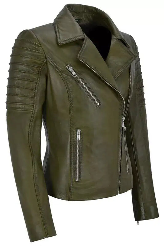 Olive green women's real leather biker jacket with quilted sleeves by Zhim Leather Creations