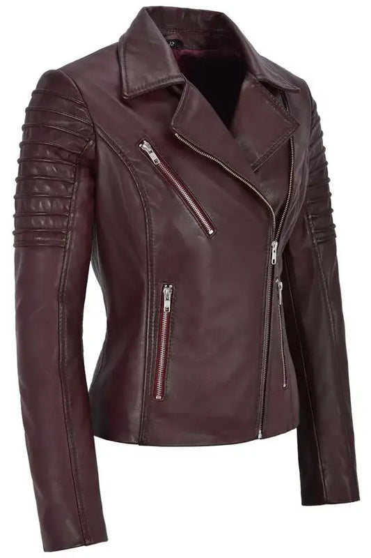 Zhim Leather Creations women's burgundy real leather biker jacket with quilted sleeves