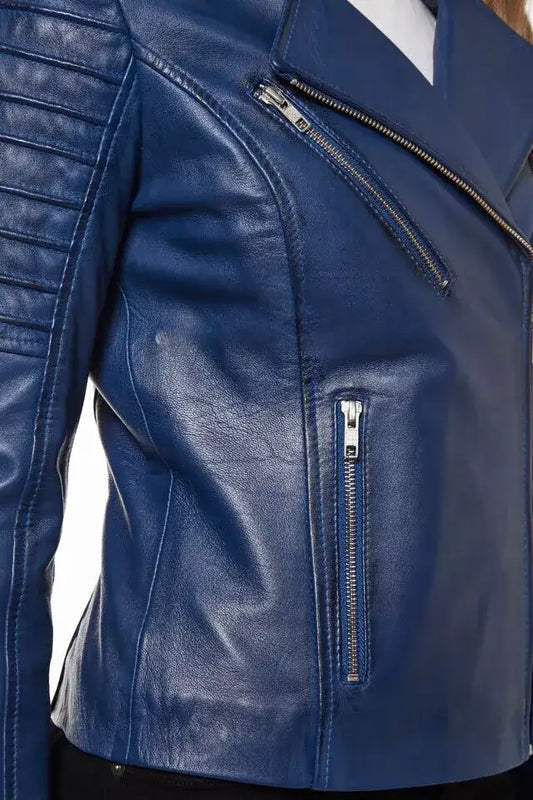 Close-up of a Zhim Leather Creations women's blue real leather jacket with zipper details.