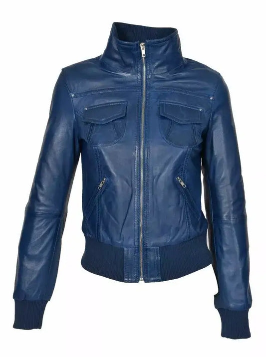 Women's navy blue real leather jacket by Zhim Leather Creations with zipper and ribbed cuffs.