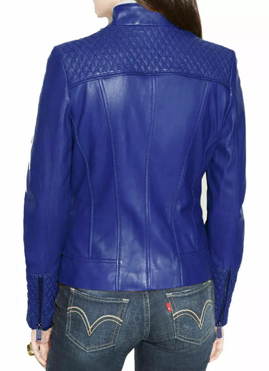 Back view of Zhim Leather Creations women's blue real leather jacket with quilted shoulder detail