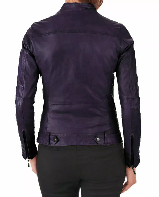 Back view of Zhim Leather Creations women's purple real leather fashion jacket.