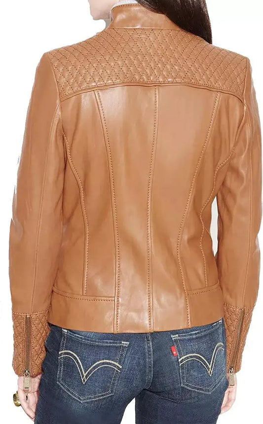 Back view of Zhim Leather Creations women's tan real leather jacket with quilted shoulder details.