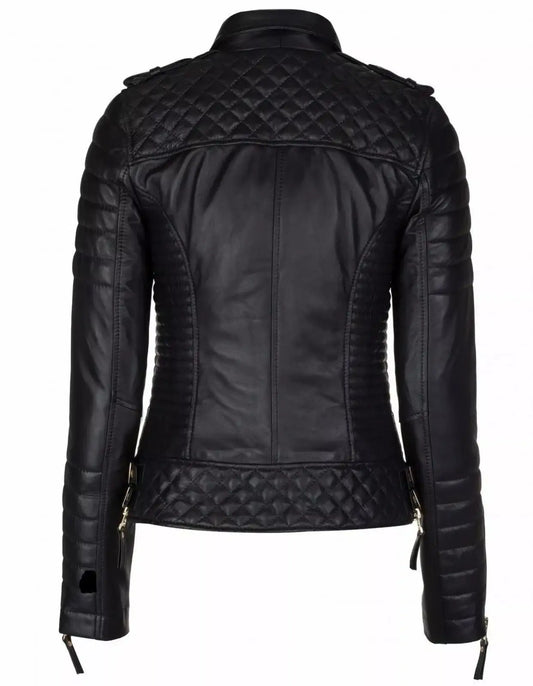 Back view of Zhim Leather Creations women's black real leather jacket with quilted detailing