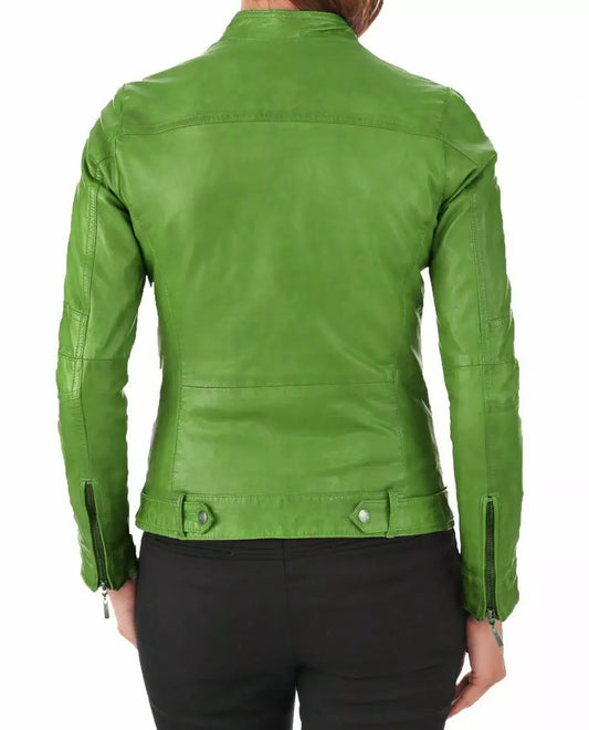 Back view of a Zhim Leather Creations women's bright green real leather fashion jacket.