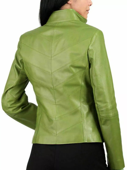 Back view of a women's Zhim Leather Creations lime green real leather cowboy jacket.