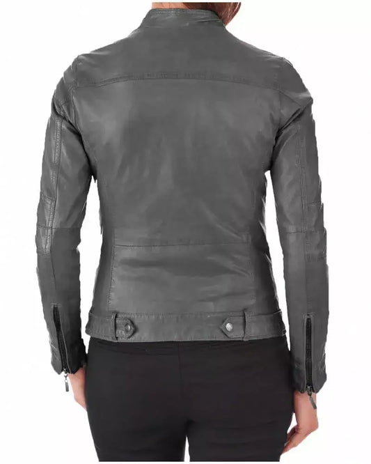 Back view of a women's Zhim Leather Creations grey biker style real leather jacket.