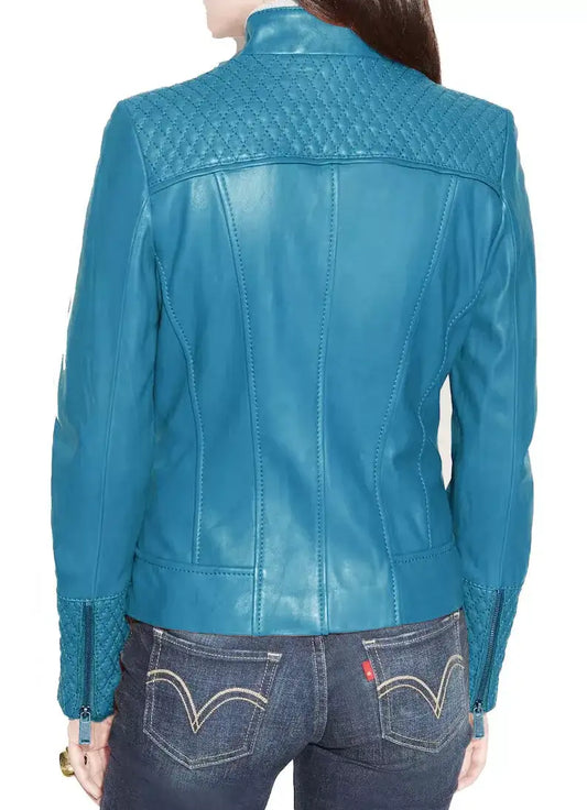 Back view of a teal blue Zhim Leather Creations women's fashion real leather jacket.