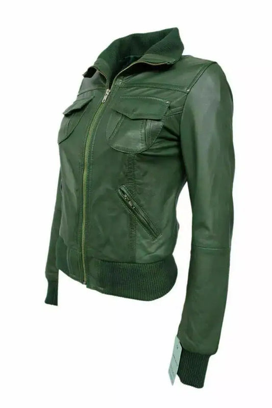 Women's dark green leather jacket with utility pockets and ribbed collar by Zhim Leather Creations