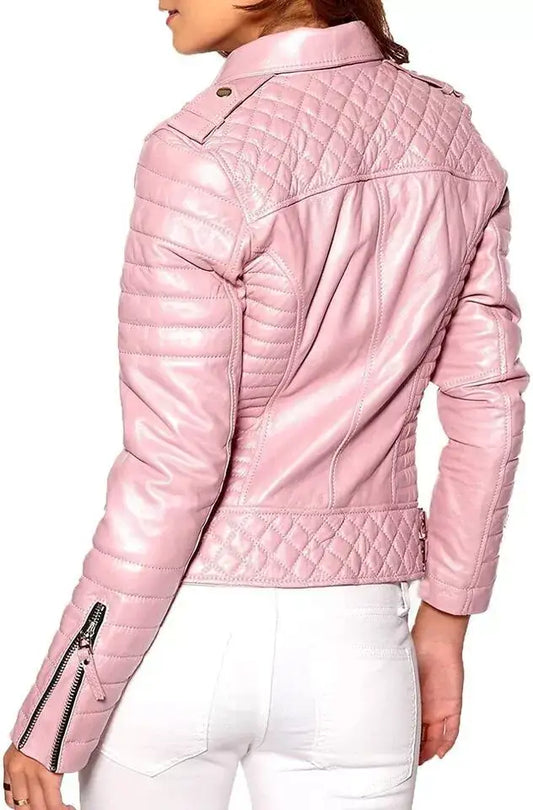 Back view of a Zhim Leather Creations women's pink real leather biker jacket with quilted detailing.
