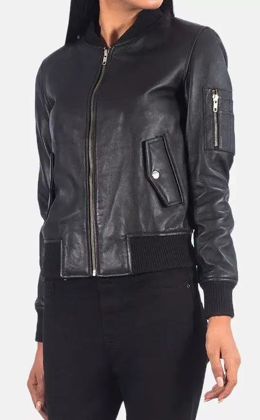 Black leather bomber jacket with ribbed cuffs and waist by Zhim Leather Creations