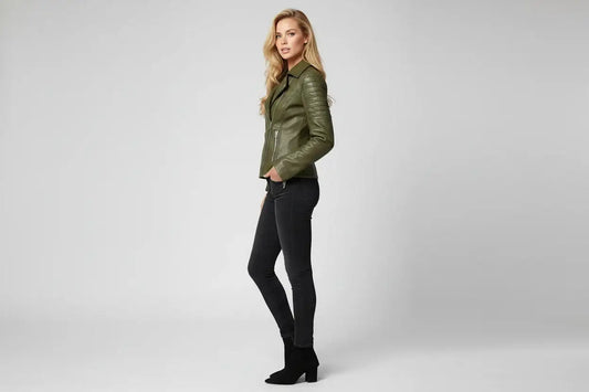 Woman wearing a Zhim Leather Creations olive green premium leather moto jacket and black jeans.
