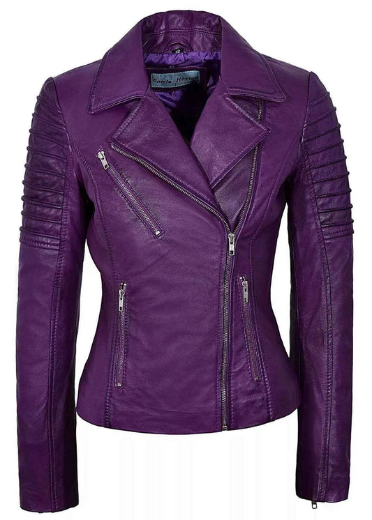 Purple Zhim Leather Creations womens leather biker jacket with ribbed sleeves and zip details