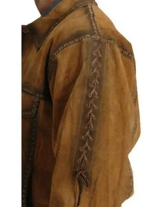 Men's Zhim Leather Creations fringed suede leather coat with western details