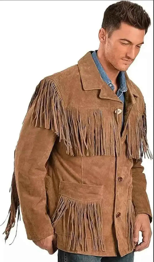 Man wearing a Men's Fringe Suede Leather Cowboy Jacket by Zhim Leather Creations
