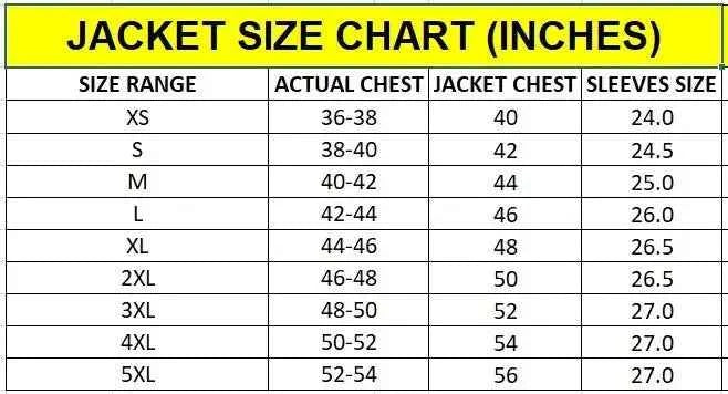 Jacket size chart in inches with size range, actual chest, jacket chest, and sleeves size.