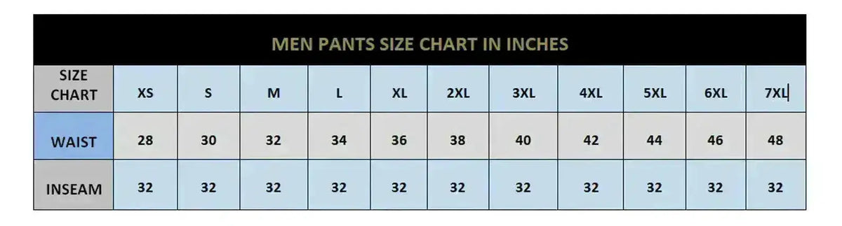 Men's pants size chart in inches for Zhim Leather Creations beaded pants showing waist and inseam.