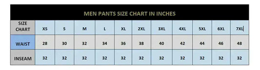 Men's pants size chart in inches for Zhim Leather Creations beaded pants showing waist and inseam.