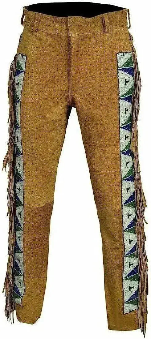 Zhim Leather Creations Native American beaded suede pants with fringe detailing