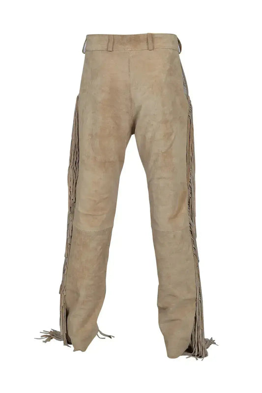 Handcrafted tan suede fringe pants by Zhim Leather Creations