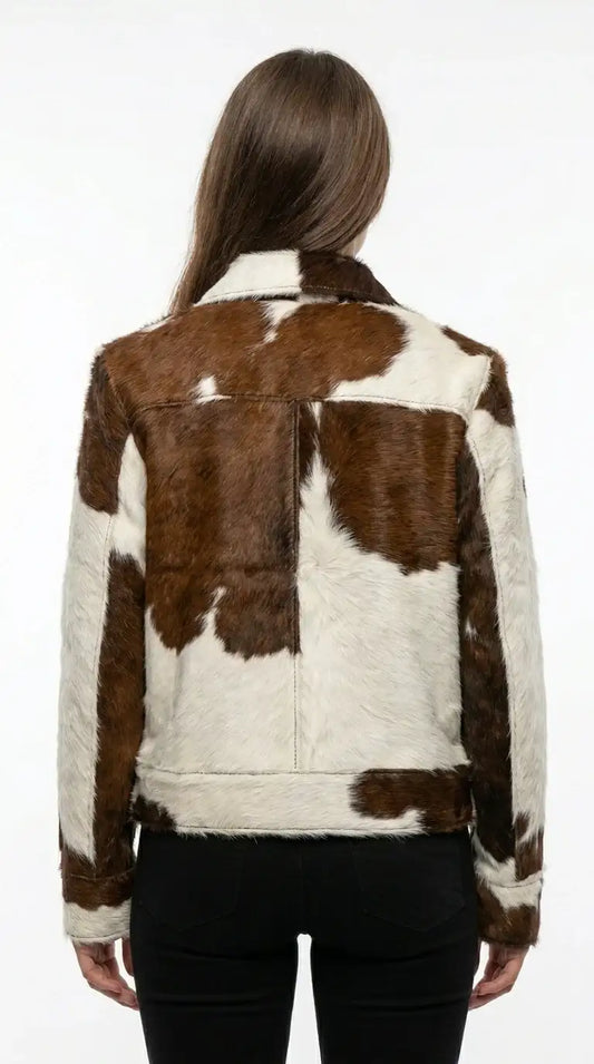 Back view of a Zhim Leather Creations women's brown and white cowhide jacket.