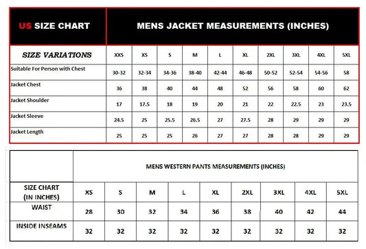 Size chart for Zhim Leather Creations mens western jacket and pants measurements in inches.