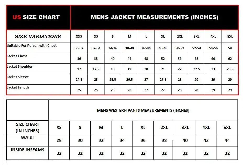 Zhim Leather Creations size chart for men's western jackets and pants measurements in inches.