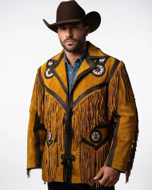 Man wearing a Zhim Leather Creations western suede fringed jacket and brown cowboy hat.