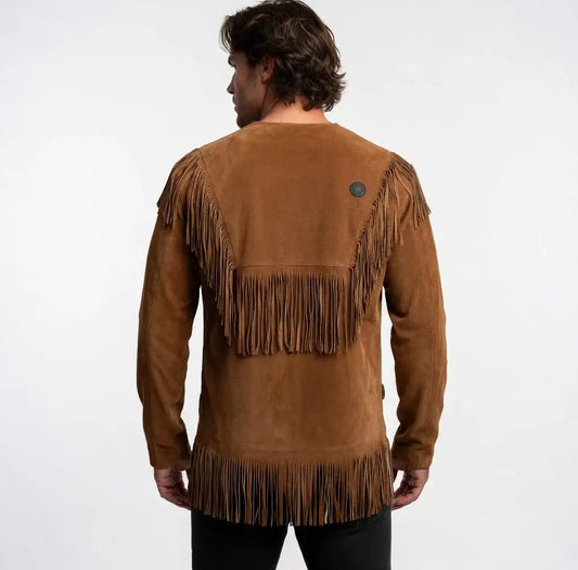 Back view of a Zhim Leather Creations men's cognac brown suede western jacket with fringe details.