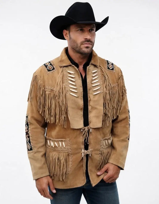 Man wearing a Zhim Leather Creations tan suede fringed western jacket and black cowboy hat