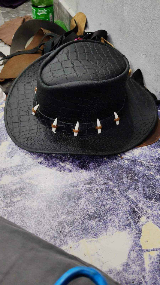 Black crocodile embossed leather cowboy hat with a decorative bone band by ZHIM LEATHER CREATIONS