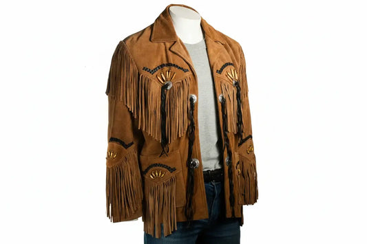 Men's tan suede fringe cowboy jacket with western embroidery by Zhim Leather Creations