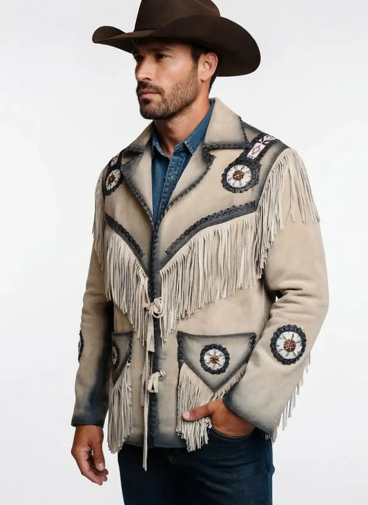 Man wearing a Zhim Leather Creations tan suede fringe cowboy jacket and brown hat.