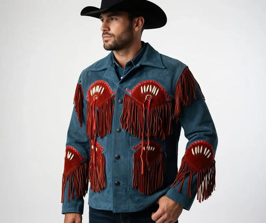 Man wearing Zhim Leather Creations blue suede cowboy jacket with red fringe and bone accents