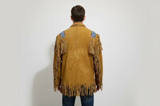 Back view of a men's tan suede leather western jacket with beaded shoulder accents and fringe.